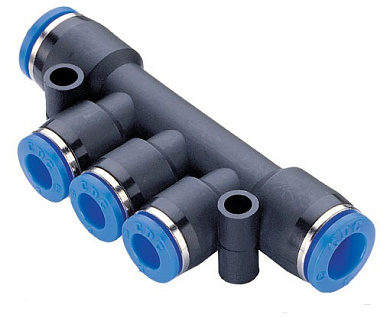 Коллектор цанговый пластиковый на три выхода 4мм, два входа 6мм